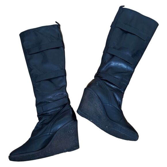 Saint Laurent YSL Vintage Tall Leather Buckle Wedge Boots Size 39/9 Black - Picture 4 of 8